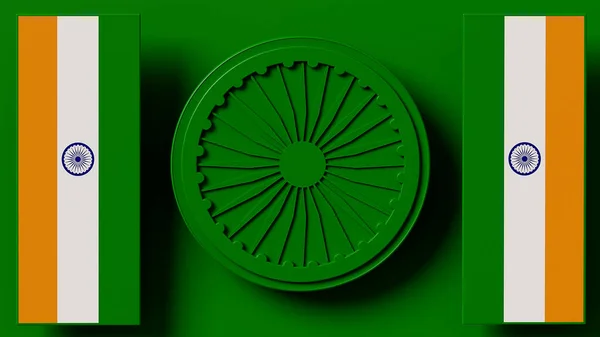 3d rendering, india background, flag and ashoka chakra symbol of India in the middle on green backgeound , copy space for design