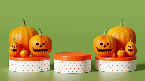 Rendering Happy Halloween Podium Pumpkin Green Background October 31St Gift — Photo