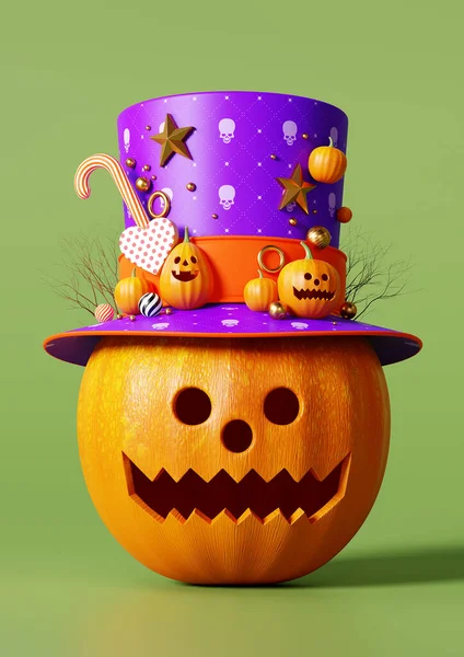 Rendant Halloween Heureux Tête Citrouille Mis Sur Chapeau Sur Fond — Photo