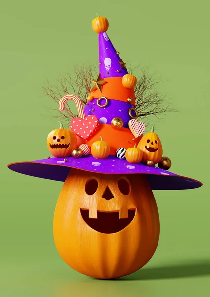 Renderização Feliz Halloween Cabeça Abóbora Colocar Chapéu Fundo Verde Outubro — Fotografia de Stock