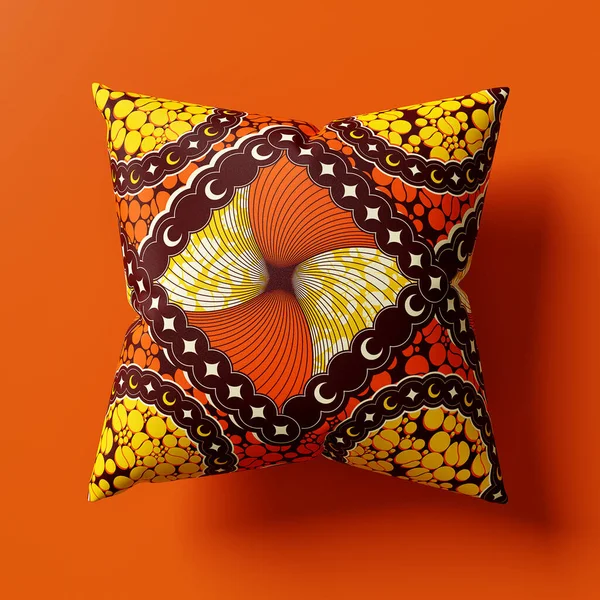 3d rendering illustration fashion product pillow Cushion, theme design concept of africa pattern on orange color background for presentation Manufacturer Supplier and customer on website