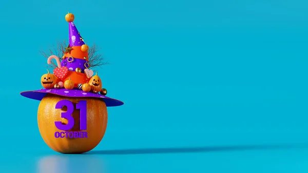 Rendant Halloween Heureux Tête Citrouille Mis Sur Chapeau Sur Fond — Photo