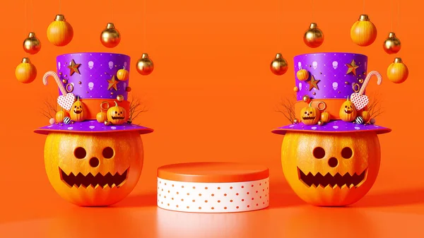 Rendering Happy Halloween Podium Pumpkin Hanging Decoration Ball Orange Background — Photo