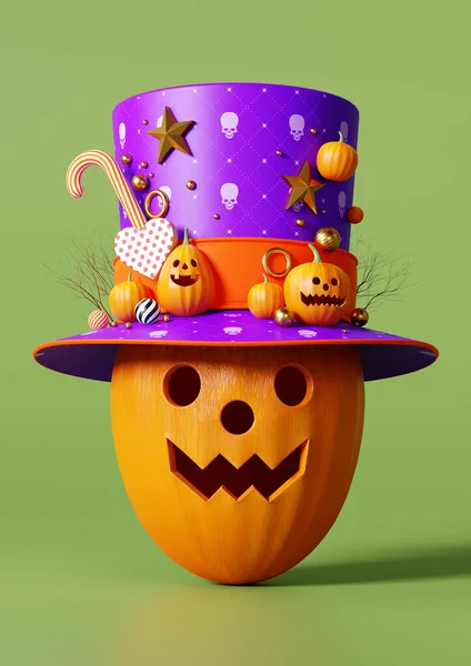 Rendant Halloween Heureux Tête Citrouille Mis Sur Chapeau Sur Fond — Photo