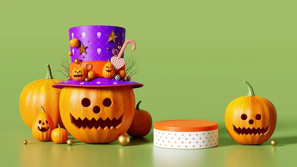 Rendering Happy Halloween Podium Pumpkin Green Background October 31St Gift — ストック写真