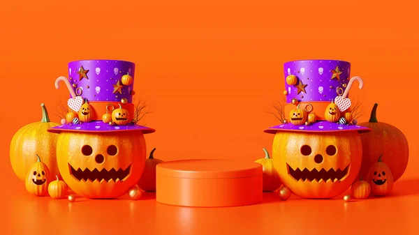 Rendu Joyeux Halloween Podium Pumpkin Sur Fond Orange Octobre Boîte — Photo