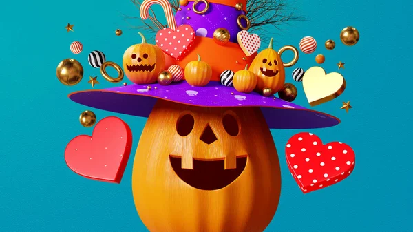 Rendering Halloween Pumpa Bakgrund Hatt Element Hjärta Dekoration Boll Mitten — Stockfoto