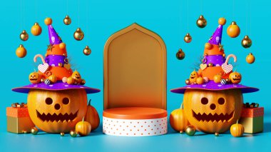 3D Rendering Happy Halloween, Podium Pumpkin on light blue background, 31 Ekim, copy space for text message or banner design for product show