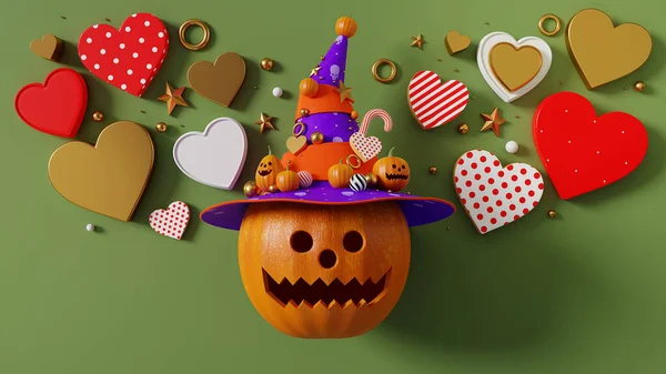 Rendering Vrolijke Halloween Pompoen Vele Harten Foto Groene Kleur Achtergrond — Stockfoto