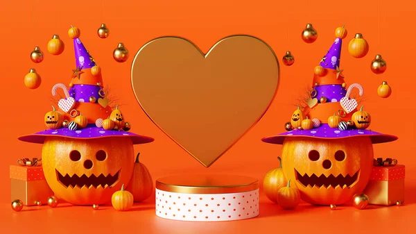Renderelés Boldog Halloween Dobogó Tök Szív Arany Narancs Színű Háttér — Stock Fotó