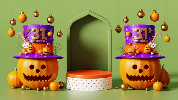 Rendering Happy Halloween Podium Pumpkin Hanging Decoration Ball Green Color — Stock Photo, Image