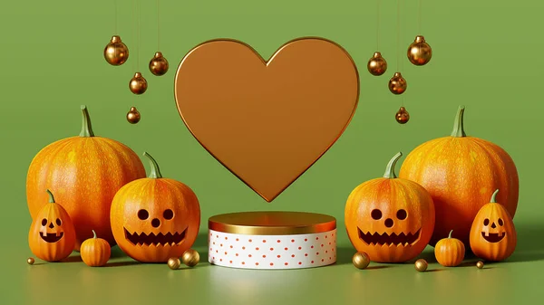 Rendering Happy Halloween Illustration Podium Images Pumpkin Green Background Illustration — Stock Photo, Image