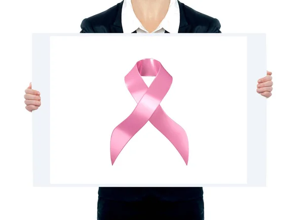 Close Female Holding Clipboard Pink Ribbon Breast Cancer Awareness Background — Stock Photo, Image