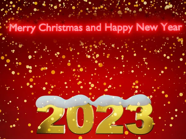 Happy New Year 2023 Golden Number 2023 Red Background Snow — 图库照片