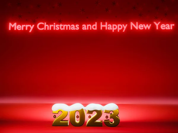 Happy New Year 2023 Golden Number 2023 Red Background Snow — Zdjęcie stockowe