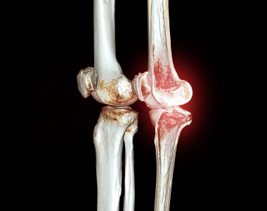 Diz kırığı teşhisi için siyah arkaplan üzerinde 3D görüntüleme tomografisi izole edildi.