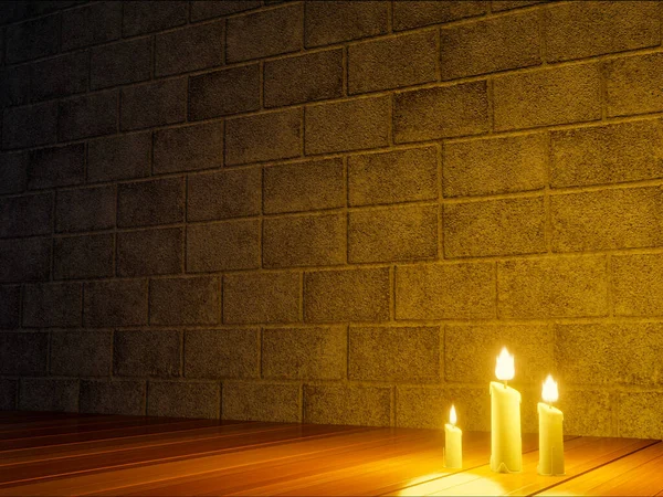 크리스마스 촛불은 고전적 탁자와 콘크리트 벽난로에 렌더링 — 스톡 사진