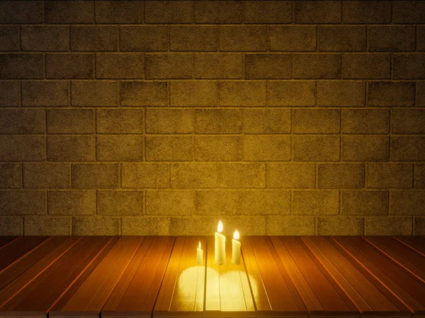 Candele Notte Umore Natalizio Tavolo Legno Vintage Muro Blocchi Calcestruzzo — Foto Stock