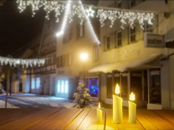 Bougies Nuit Dans Ambiance Noël Sur Une Table Bois Vintage — Photo