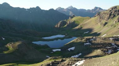 8K 7680X4320 4320p.Real high altitude mountain lake.Alpine lakes glacial mountains melted glacier.Freshwater source.Climate zone,tundra summit.Meadow mere lough wetland pond water lakeside lakeshore waterside littoral grassland ridge