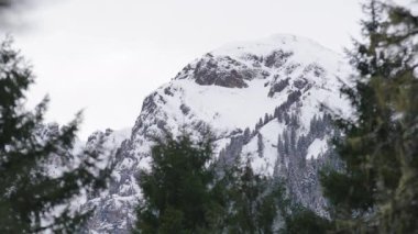 8K 7680X4320 4320p.Snowy mountain peak behind the forest.High altitude, rocky summit in winter.Magnificent and splendid mount mass.Steep vertical slopes.Cliff rock rocks deep valley snow winter pine.