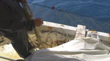 Balıkçı ağları kayıkta toplanır. Bir balıkçı ağları toplar. Plastik şamandıralara bağlı naylon ağlar. Balık ağları. Ağlar ağa benzer bir yapıda örülmüş liflerden yapılır..