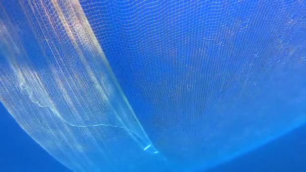 海の下のボートからぶら下がっている網の魚 深い青の海の水中釣りスパイラルライン釣り網でキャッチ魚 無限の中に伸びる亀 トラップスネア待ち伏せデコイルアーアンブスケード伝統的な船の罠アンブスケード — ストック動画