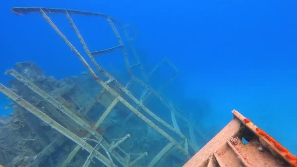 Real Old Sunken Ship Wreck Underwater Sea Submerged Boat Ocean — Stock Video