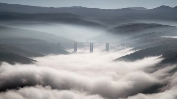 7680X4320 Fog Valley Disappears Very High Highway Bridge Clouds Mist — Stock Video