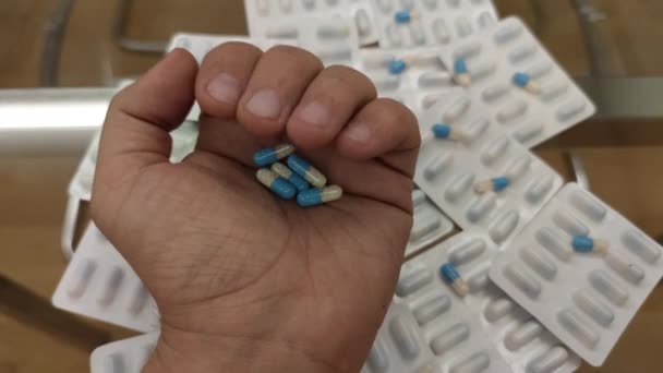 7680X4320 Medicines Man Hand Drug Substance Abuse Pills Addiction Capsule — Stock Video