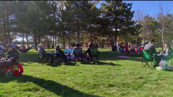 7680X4320 0公共公園の時間経過ビデオ 芝生の上で幸せな人々日光浴 芝生の上で子供たちと家族 — ストック動画