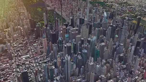60P 7680X432摩天大楼在纽约市3D模型中的应用 虚拟增强实境中的渲染画面 空中飞行的Cgi在股票运动后覆盖了城市景观美国 — 图库视频影像