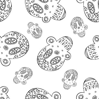 Geleneksel Meksikalı Eli Çizilmiş Siyah ve Beyaz Kafatası desenli. Sketch Biçiminde Dia De Muertos Tatil Sembolü.