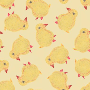 Küçük Sarı Piliçle Sevimli Çizgi El Çizimi Kusursuz Şablon. Sarı Arkaplanda Komik Paskalya Suluboya Tavuğu.
