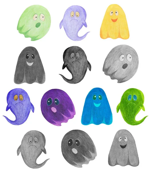 Handgezeichnete Halloween Geister Isoliert Auf Weißem Hintergrund Gruselige Monster Halloween — Stockfoto