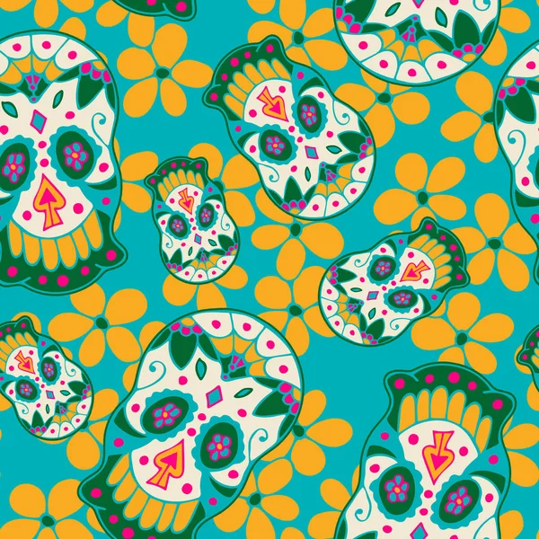 Цветной бесшовный узор с традиционным мексиканским ручным нарисованным черепом. — стоковое фото