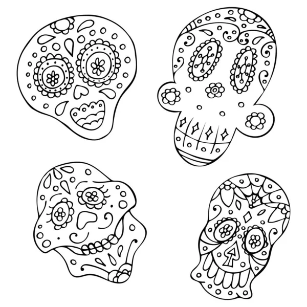 Set of Black and White Traditional Mexican Hand Drawn Skull. — Stock Vector