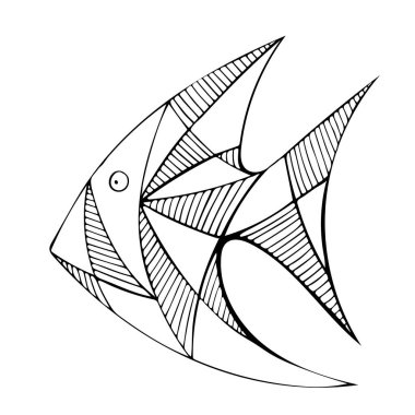 Zen sanatında soyut balıkla birlikte siyah ve beyaz çizimler. Renk Kitabı, Renk Sayfası ve Yazdırma için Resim.