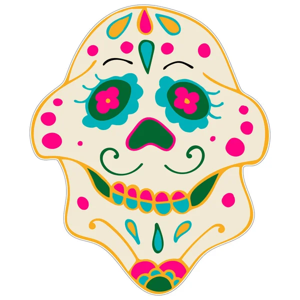 Dagen för det döda klistermärket. Dia de los Muertos. Sockerskalle med färgglada mexikanska element och blommor. — Stockfoto