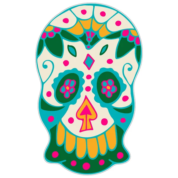 Dag van de dode printbare sticker. Dia de los Muertos. Suikerschedel met kleurrijke Mexicaanse elementen en bloemen. — Stockfoto