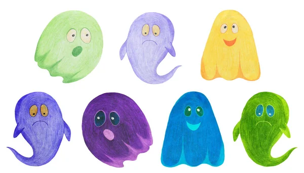 Set of Hand Drawn Halloween Ghosts Isolated on White Background. — Stock Photo, Image