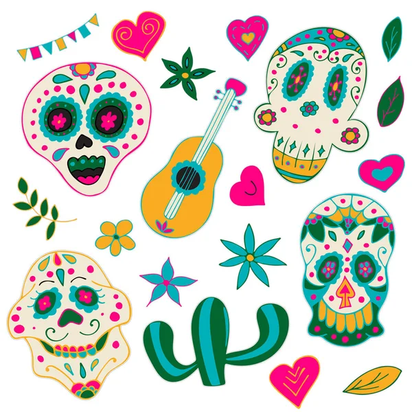 Day of the Dead Printable Sticker Pack. Dia de los Muertos. Sugar Skulls with Colorful Mexican Elements and Flowers. — Stock Photo, Image