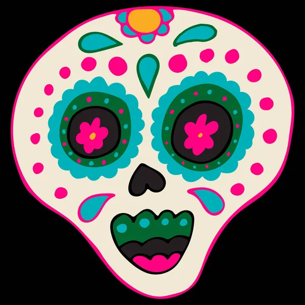 Tag der Toten, Dia de los Muertos, Zuckerschädel mit bunten mexikanischen Elementen und Blumen. — Stockvektor