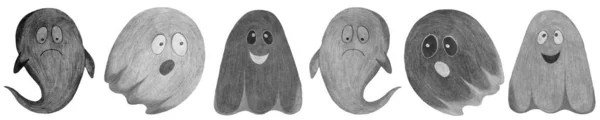 Conjunto de fantasmas de Halloween dibujados a mano aislados sobre fondo blanco. —  Fotos de Stock