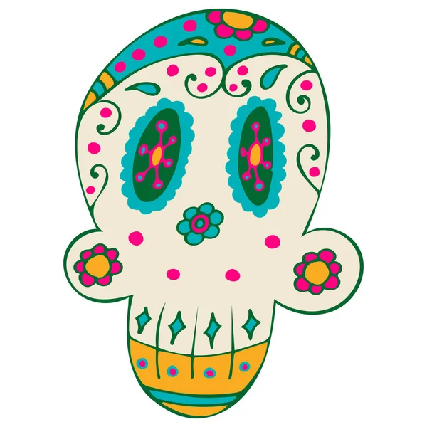 Ölüler Günü, Dia de los Muertos, Renkli Meksika Elementleri ve Çiçekleri ile Şeker Kafatası. — Stok fotoğraf
