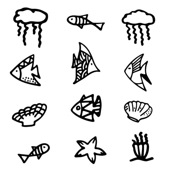 Conjunto Peces Dibujos Animados Coral Estrellas Mar Anémona Medusas Objetos — Archivo Imágenes Vectoriales
