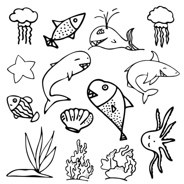 Juego de pescado. La vida marina Colección de bocetos de Doodle en blanco y negro. — Vector de stock