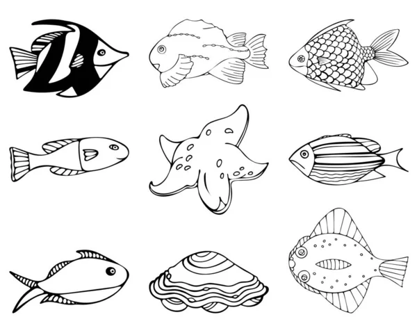 Uppsättning svart och vit fisk i doodle stil. — Stock vektor