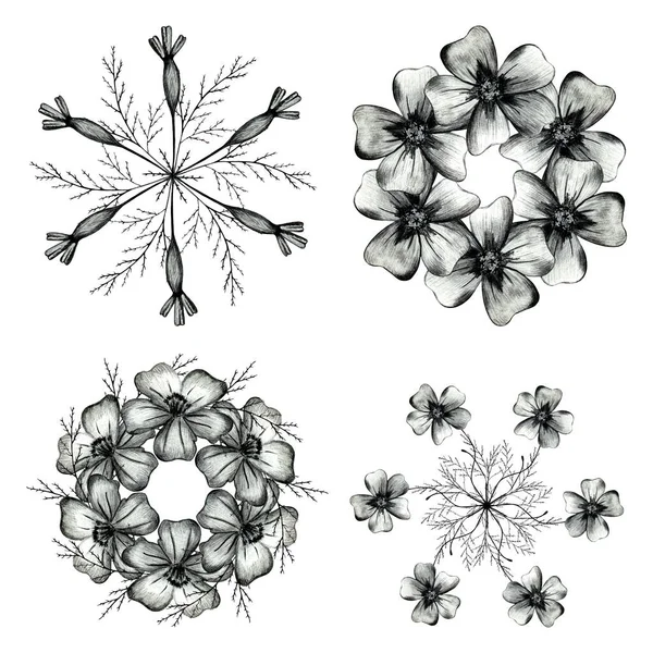 Set van met de hand getrokken bloem cirkel samenstellingen. — Stockvector