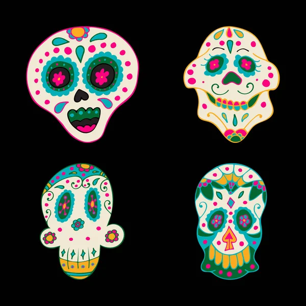 Сахарные черепа с красочными мексиканскими элементами и цветами. — стоковый вектор